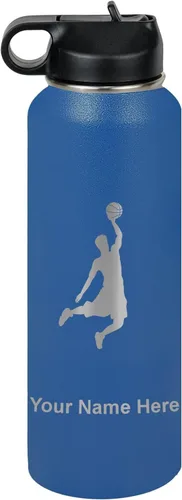 Vista 24 de LaserGram Botella de Agua Personalizada, Basketball Slam Dunk Man, Acero Inoxidable de Doble Pared con Aislamiento al Vacío con Pajita Abatible