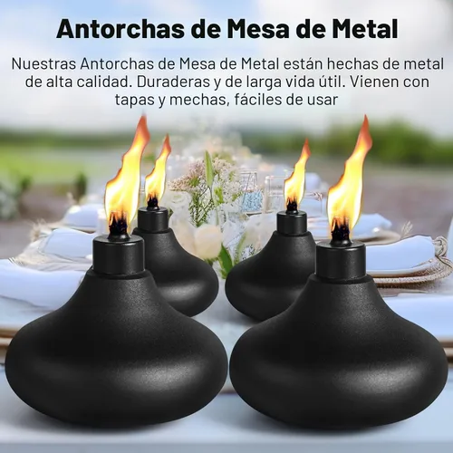 Vista 6 de Paquete de 2 antorchas de metal para mesa, antorchas de citronela de 24.5 onzas para exteriores, antorcha de luz de llama rellenable, antorcha