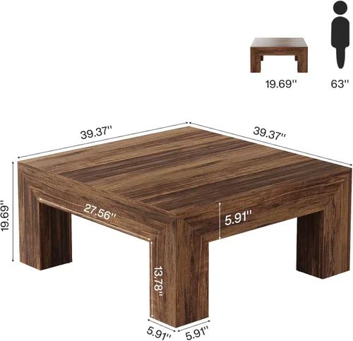 Vista 2 de Tribesigns Mesa de centro de 39.4 pulgadas cuadrada para sala de estar, mesa de té y cóctel estilo granja toda de MDF con patas de madera Marrón