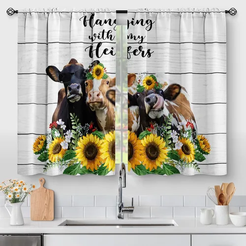 Vista 29 de Aimego - Cortinas de cocina con plantas rústicas y flores de primavera, botánicas, con hojas verdes, cortas, para cafetería, baño, con bolsillo