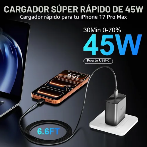 Vista 4 de Cargador para teléfono 17 16 Pro Max de carga rápida, 45 W USB C Phone 17 16 Bloque de carga súper rápido con cable de carga tipo C de 6.6 pies