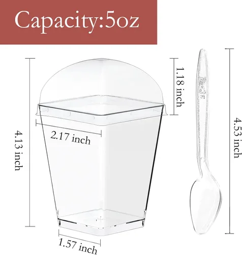 Vista 3 de Hiasobre Paquete de 100 vasos de postre de plástico transparente de 5 onzas con tapas y cucharas, tazas cuadradas reutilizables para aperitivos