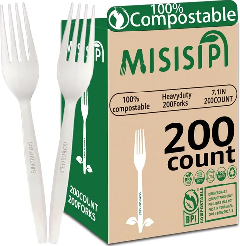 Vista 13 de MISISIPI Juego de utensilios compostables de 150 unidades, resistente con certificación BPI, tenedores desechables sin plástico, cucharas, cuchillos