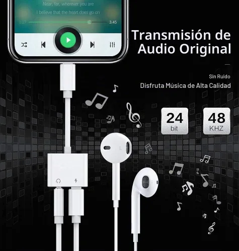 Vista 2 de [Certificado MFi de Apple] Adaptador de conector de auriculares Lightning a 0.138 in 2 en 1 AUX Audio+Charge iPhone Splitter Adaptador de Audio