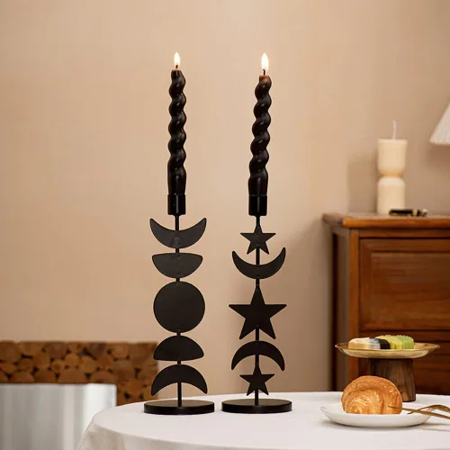 Vista 7 de Portavelas cónico de hierro, negro mate, portavelas alto con estrella y luna, soporte decorativo para velas para bodas, mesas de comedor, fiestas
