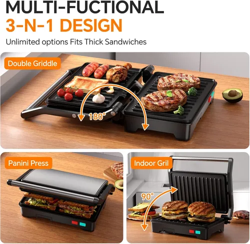 Vista 4 de Panini - Parrilla de prensa, sandwichera de 1000 W con placas revestidas antiadherentes, abre 180 grados para cualquier tamaño de alimentos