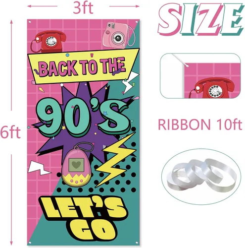 Vista 2 de Cartel de regreso a la puerta de los 90 Decoraciones retro de fiesta de los años 90 para hombres y mujeres Suministros de fiesta de telón