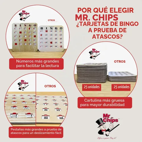 Vista 2 de MR CHIPS Tarjetas de bingo a prueba de atascos con ventanas deslizantes, paquete de 10 unidades más baraja de tarjetas de llamadas