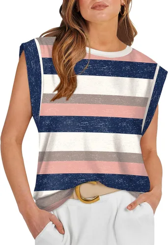 Vista 11 de WIHOLL Camisetas de mangas casquillo para mujer, camisetas básicas de verano, camisetas informales sin mangas, ajuste holgado, a la moda D - Raya