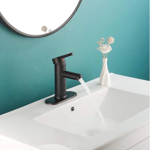 Vista 3 de Grifo de lavabo de baño negro a juego con desagüe desplegable con desbordamiento de una sola manija de un agujero, grifo de baño de latón para baño