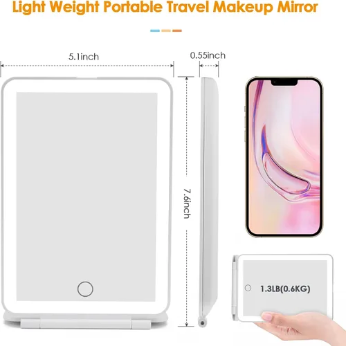 Vista 4 de DenCert Espejo de Maquillaje de Viaje Recargable con 72 LED Iluminado Compacto Delgado Tocador con Luces 3 Modos de Iluminación Regulable Pantalla