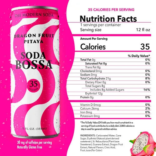 Vista 2 de Soda Bossa Soda sana espumosa, fruta del dragón, baja en calorías, sin gluten y sin OMG, sin culpa e hidratante, soda natural, latas de soda