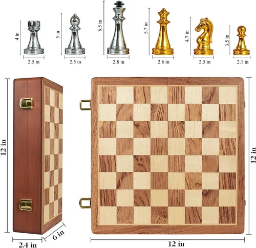 Vista 4 de BIVOMON Juego de ajedrez de metal para adultos y niños, tablero de ajedrez de madera plegable de 12 pulgadas con piezas de ajedrez de metal, juego