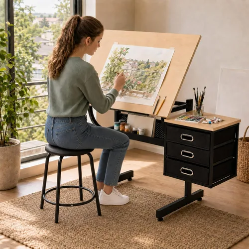 Vista 11 de Mesa de dibujo ajustable con 3 cajones y taburete, color negro sólido