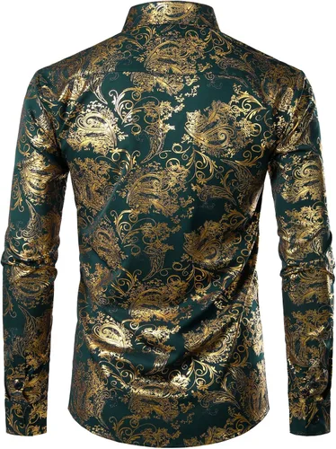 Vista 2 de ZEROYAA - Camisa de lujo para hombre con estampado de cachemira brillante, elegante y ajustada, con botones.
