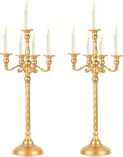 Vista 9 de Centros de mesa de candelabros para mesas, 2 portavelas alto de metal para velas cónicas, 5 brazos para decoración de centros de mesa de boda Negro