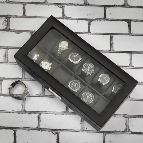 Vista 2 de Tech Swiss Caja de reloj XL para 12 relojes Compartimentos de cuero negro (para ventana de cristal de 2.559 in)