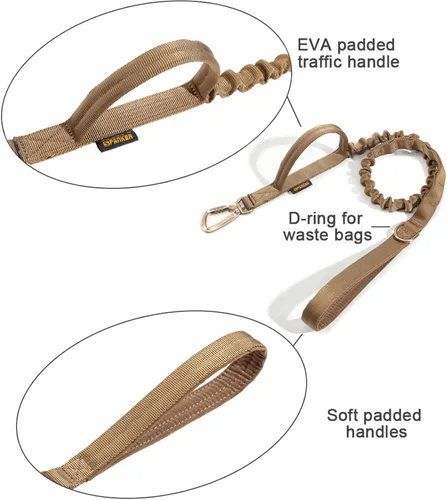Vista 6 de EXCELLENT ELITE SPANKER Correa táctica militar para perro, clips de gancho de aluminio espaciales, correa elástica para perro con 2 asas de control
