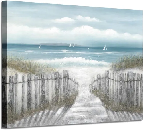 Vista 11 de Lienzo decorativo para pared, camino de playa: camino de arena con pintura de valla a la costa, impresiones artísticas para baño