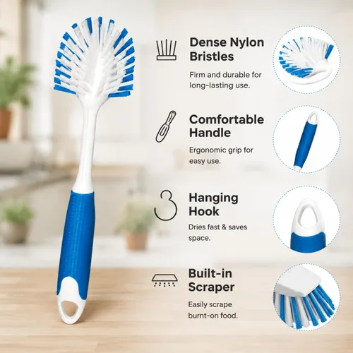 Vista 6 de Cepillo para refregar platos de cocina, ollas, fregadero y baño con cómodo mango largo Cerdas duraderas, cepillo de cocina con mango