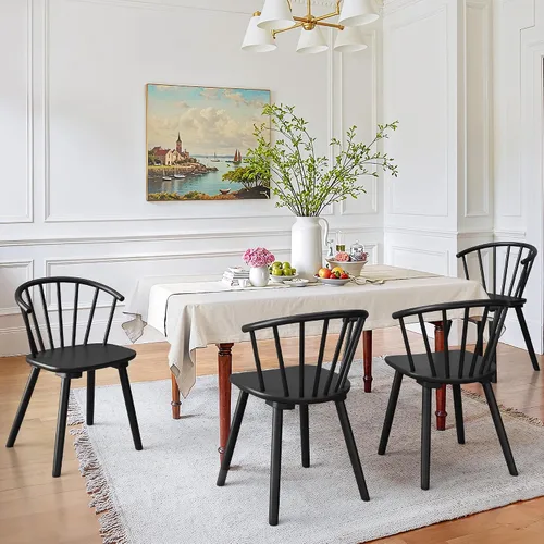 Vista 16 de LUE BONA Juego de 2 sillas de comedor negras, sillas de comedor de madera estilo granja con respaldo semicircular, silla de comedor con husos