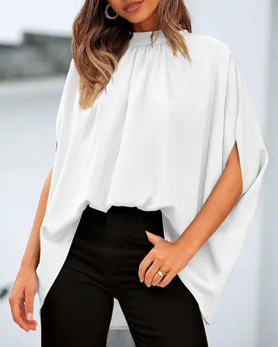 Vista 157 de BTFBM Blusas de verano para mujer, cuello alto falso, manga murciélago, holgadas, dobladillo alto y bajo, blusas informales de gran