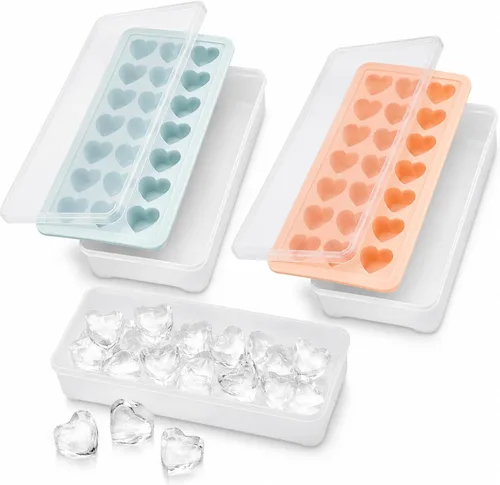 Vista 8 de 2 paquetes de bandejas para cubitos de hielo en forma de corazón con tapas y compartimentos, moldes de hielo con caja de almacenamiento de hielo, 48