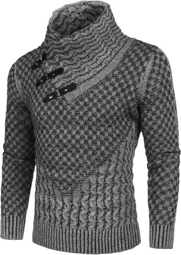 Vista 2 de COOFANDY Suéter de punto de cuello alto para hombre, manga larga, ajustado, cuello de chal, sin botones