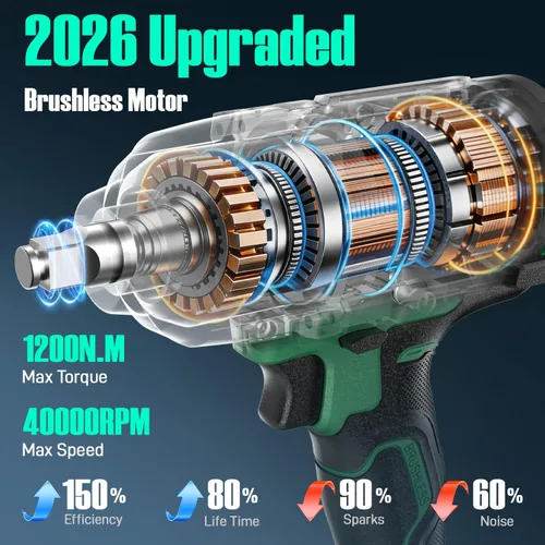 Vista 2 de KIMO Impact Wrench 1/2 Inch, 890Ft-Lbs(1200N.m), 4000RPM Brushless Motor High Torque Impact Driver with 4.0Ah Battery, 3 Modes, Variable Speeds, LED