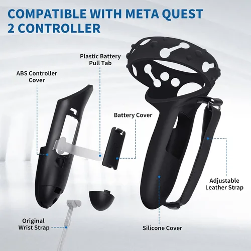 Vista 5 de Controller Grips Cover for Oculus Quest 2,Anti-Throw Strap with Battery Opening,Extended Controller Grips Covers Suitable for Large Hands(Black)