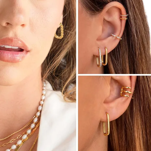 Vista 5 de BMMYE Aretes de aro pequeños cuadrados dorados y plateados, delicados juegos de aretes cuadrados y rectangulares para múltiples piercings, aretes