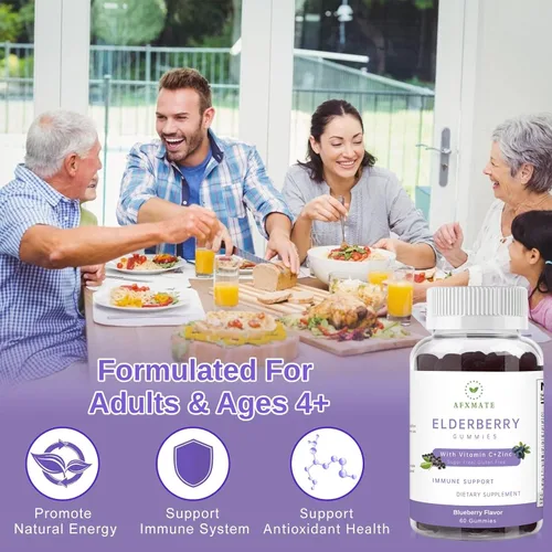 Vista 5 de AFXMATE Sambucus Gomitas de saúco, saúco negro con zinc y vitamina C para adultos, apoyo inmunológico sin azúcar* gomitas de suplemento