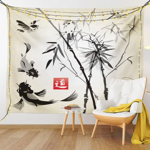 Vista 9 de Ambesonne Tapiz japonés, diseño tradicional japonés de jardín, meditación de bosque de vida silvestre, origami, colgante de pared para dormitorio