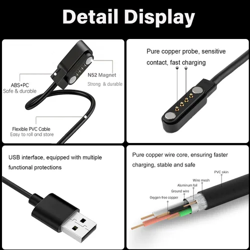 Vista 4 de Paquete de 2 cables de carga magnéticos de 4 pines para Sedzofan Y16B Kids Smart Watch Charger Cable de carga USB