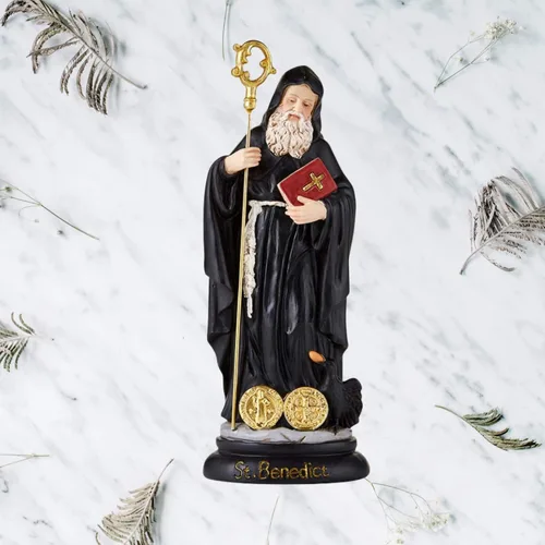 Vista 6 de Christian Brands Estatua de San Benito para decoración del hogar, decoración de estantes y mantos, figura de San Benito con Biblia y Crozier, regalo