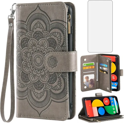 Vista 8 de Asuwish Funda de teléfono para Google Pixel 5 con protector de pantalla de vidrio templado y soporte de tarjeta de crédito de cuero con diseño