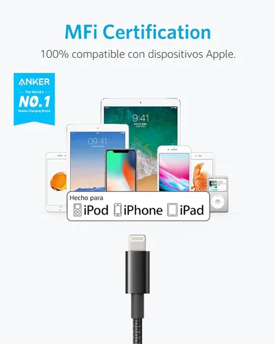 Vista 2 de Anker - Cable USB A a Lightning, certificado MFi (paquete de 1, 3.3 pies, negro)