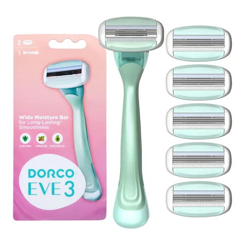 Vista 4 de Dorco EVE 3 maquinillas de afeitar: afeitado extra suave con 1 mango y 2 recambios de cuchilla, 3 cuchillas curvas, barra de humedad flexible