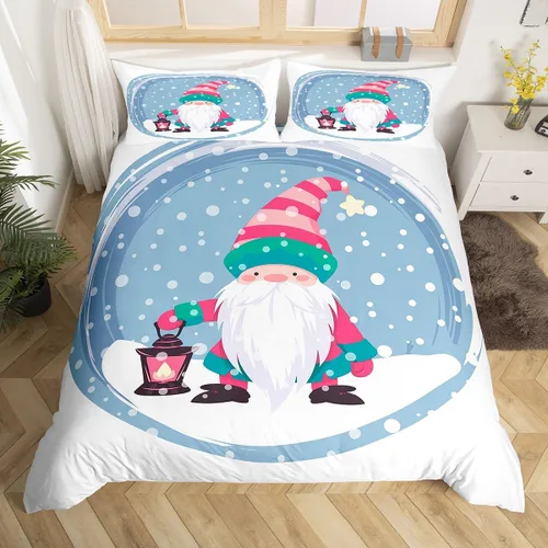 Vista 13 de Erosebridal Juego de ropa de cama de Navidad escandinavos gnomos de Papá Noel, funda de edredón de Papá Noel nevando para niños y niñas, funda