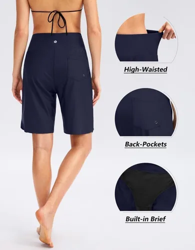 Vista 3 de Viodia Pantalones cortos de natación para mujer de 9 pulgadas de largo con bolsillos, cintura alta, trajes de baño de playa, hasta la rodilla