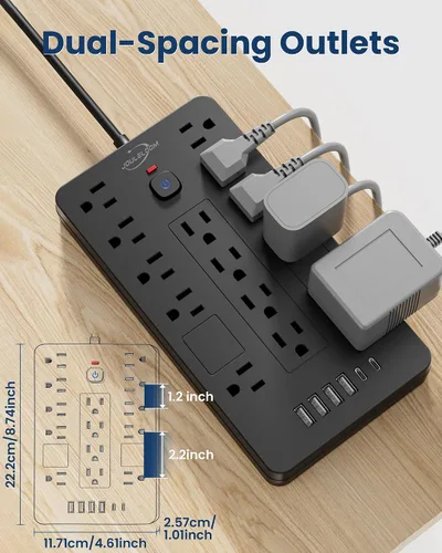 Vista 4 de JouleLoom Regleta protectora de sobretensiones, 14 tomas de corriente y 6 puertos USB, cable de extensión de enchufe plano de 6 pies, 1850 julios