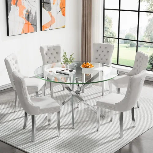 Vista 52 de Juego de mesa de comedor SSLine moderno de 3 piezas con mesa redonda de vidrio para 2, lujosa mesa de comedor circular de 36" con tapa de vidrio