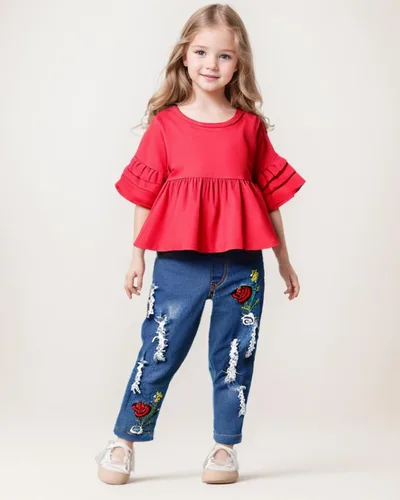 Vista 5 de NZRVAWS Baby Girl Clothes Toddler Girl Outfits Infant Ruffle Shirt Denim Ripped Jeans Cute Clothing Set