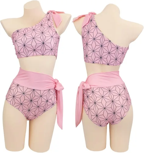 Vista 2 de UPUPCOS Anime Kochou Shinobu Cosplay Shinobu Nezuko Bikini traje de baño verano mujeres niña natación dos piezas Halloween