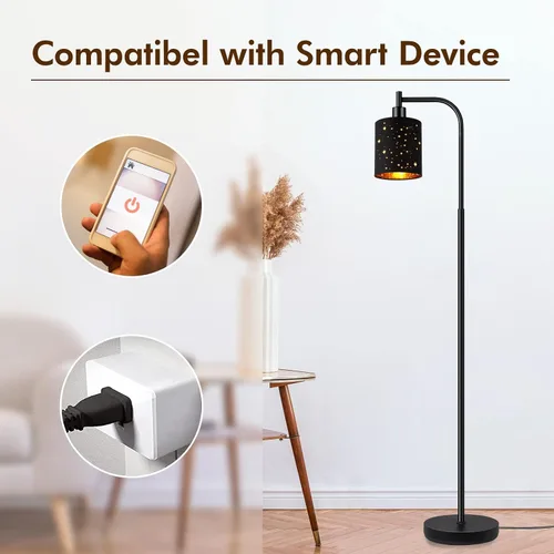 Vista 8 de Lámpara de pie industrial gótica con pantalla cortada láser estrellada, lámpara de pie de metal negro de 67 pulgadas con bombilla LED de 6 W