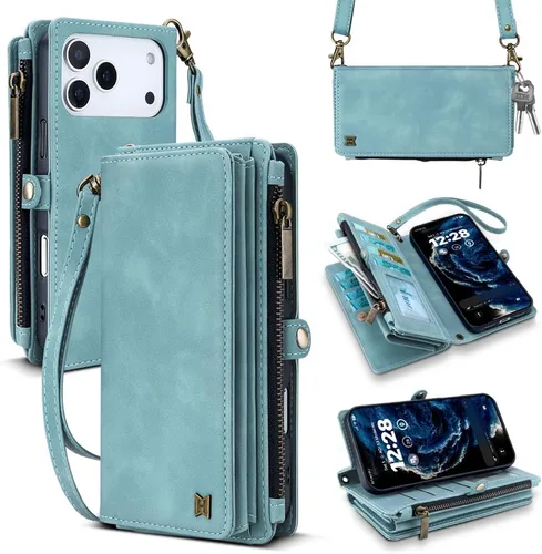 Vista 45 de Funda tipo cartera para iPhone 16 Pro Max con 8 tarjeteros, bloqueo RFID, piel sintética, función atril, abatible, correa de muñeca y correa
