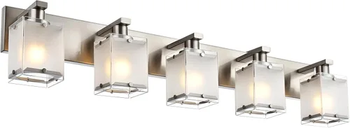 Vista 10 de Iluminación de aplique de pared de 2 luces con base de bombilla E26, lámpara de tocador de baño moderna de níquel cepillado para sobre espejo