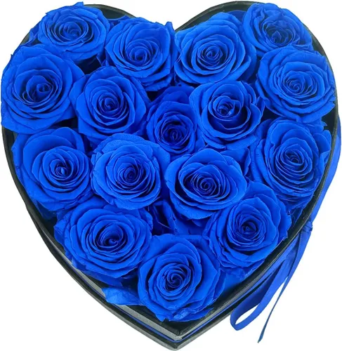 Vista 3 de Rosas preservadas en forma de corazón, flores para siempre (16 rosas azules)