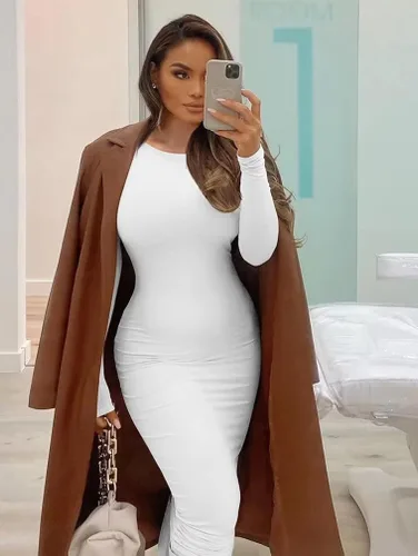 Vista 5 de XXTAXN - Vestido de tubo largo hasta el tobillo para mujer ajustado sexy de manga larga con cuello redondo para el trabajo y la oficina