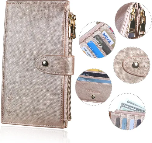 Vista 4 de Travelambo RFID Billetera de mujer con varios compartimientos para varias tarjetas con bolsillo con cierre, talla única